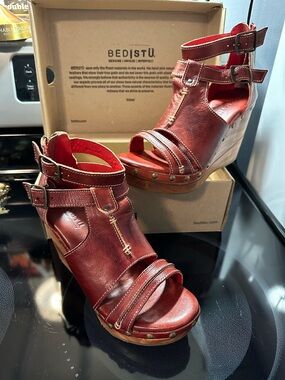 Bed Stu Red Leather Studded Wedge Sandals